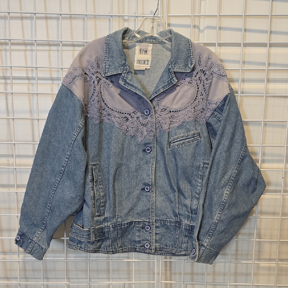 Together Vintage Blue and Periwinkle Lace Jean Jacket‎ Size Large